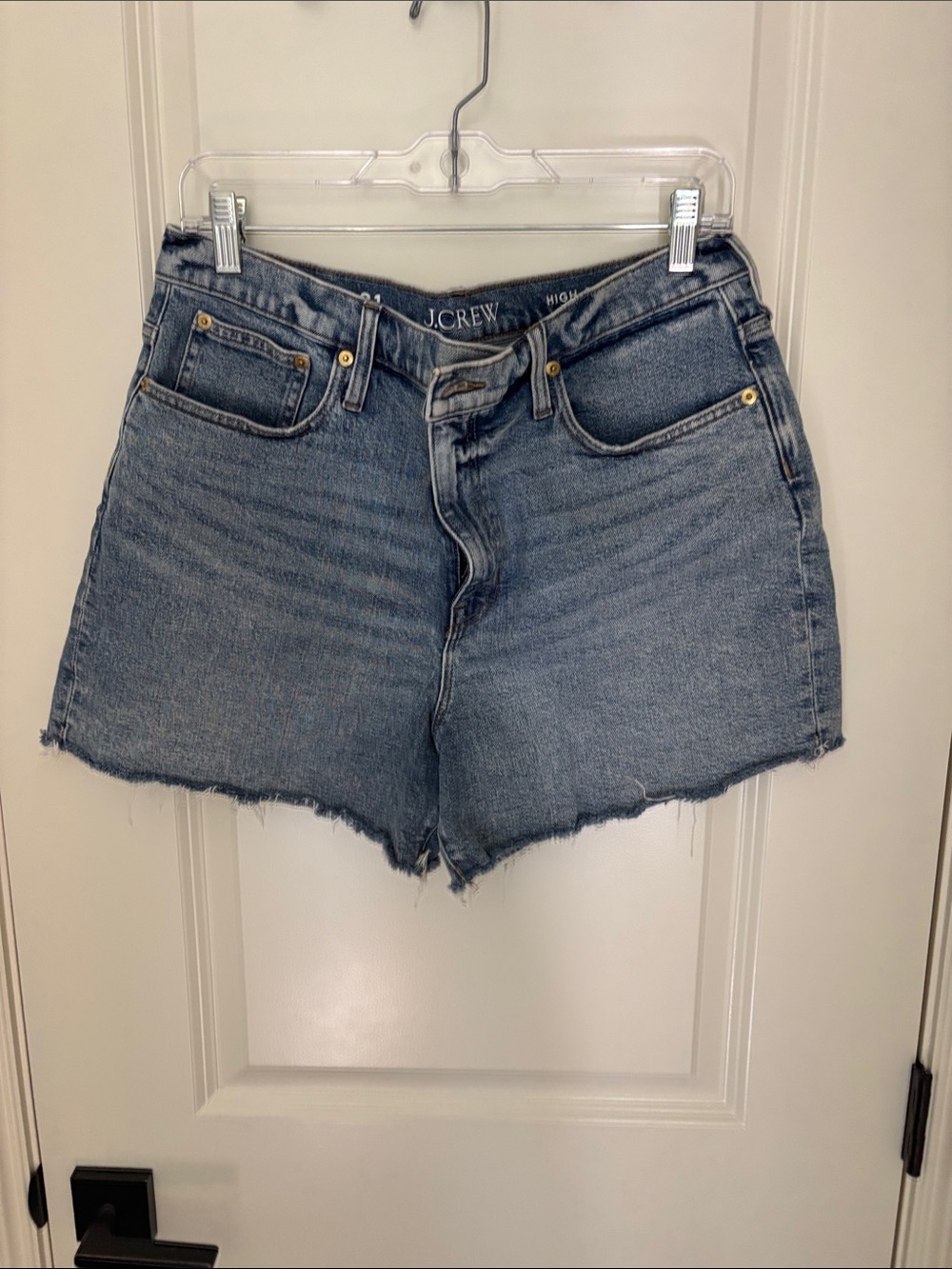 J.Crew High-Rise Frayed Hem Denim Shorts - Medium Blue Wash